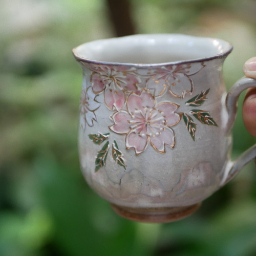 桜（ピンク） マグカップ イッチン 金彩 陶器 京焼 マグカップ Shun