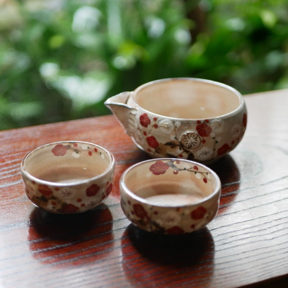 梅（紅白梅） 片口とぐい呑みの3点セット 色絵 陶器 京焼 おちょこ
