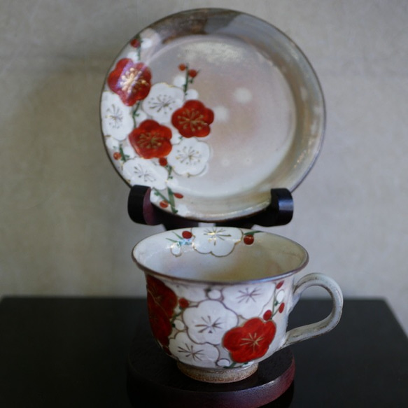 咖啡碗盤子 紅白梅 (Kinsai) 陶器京瓷 (預留) 第5張的照片