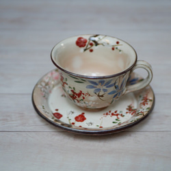 咖啡碗盤子 四時花（梅花、櫻花、鐵絲、萩） 陶器京瓷 第1張的照片