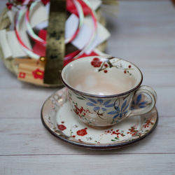 咖啡碗盤子 四時花（梅花、櫻花、鐵絲、萩） 陶器京瓷 第10張的照片
