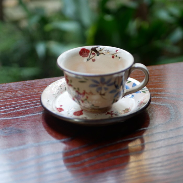 咖啡碗盤子 四時花（梅花、櫻花、鐵絲、萩） 陶器京瓷 第9張的照片