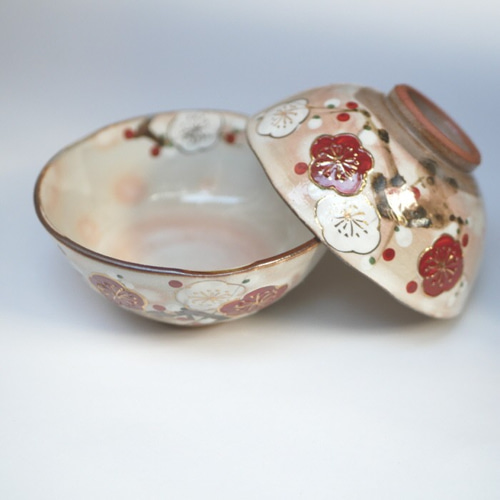 紅白梅 ご飯茶碗（大） イッチン 金彩 陶器 京焼 茶碗・めし碗 Shun