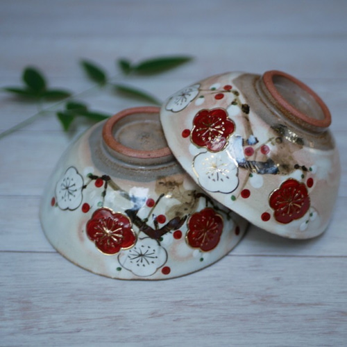 【美品】茶碗　金彩　紅白梅　茶道具　置物　インテリア　工芸品　美術品　A1448 茶碗 乾山 波文紅白梅【販売】-茶道具は京都しみず孔昌堂