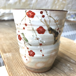 色絵フリーカップ　紅白梅に鶯 3枚目の画像