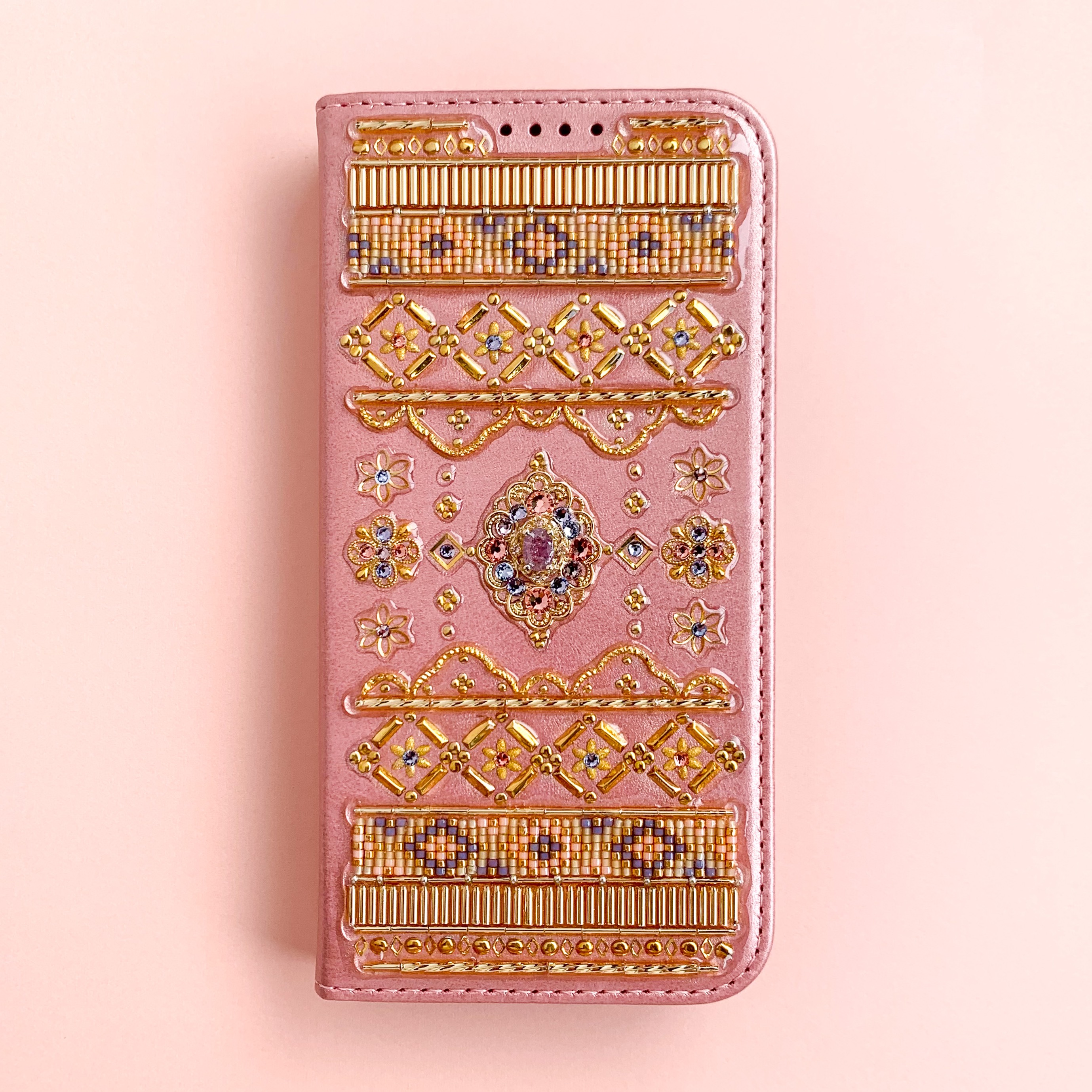 【ほぼ全機種制作可】ローズゴールドの手帳型ケース 花咲くオルガケース