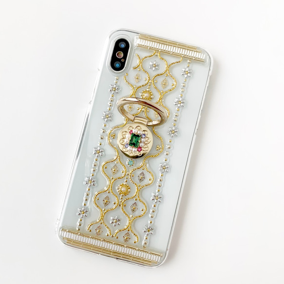 [可生產所有型號] 阿拉伯式花紋綠色手機殼，附智慧型手機環 iPhone/Xperia/Galaxy/AQUOS 等。 第2張的照片