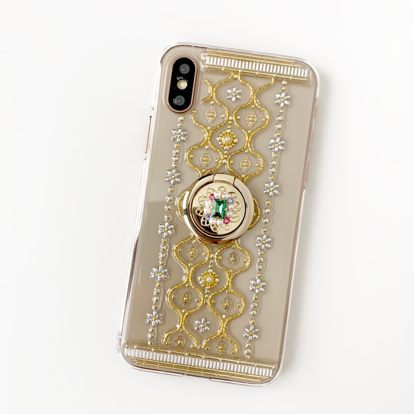 [可生產所有型號] 阿拉伯式花紋綠色手機殼，附智慧型手機環 iPhone/Xperia/Galaxy/AQUOS 等。 第4張的照片