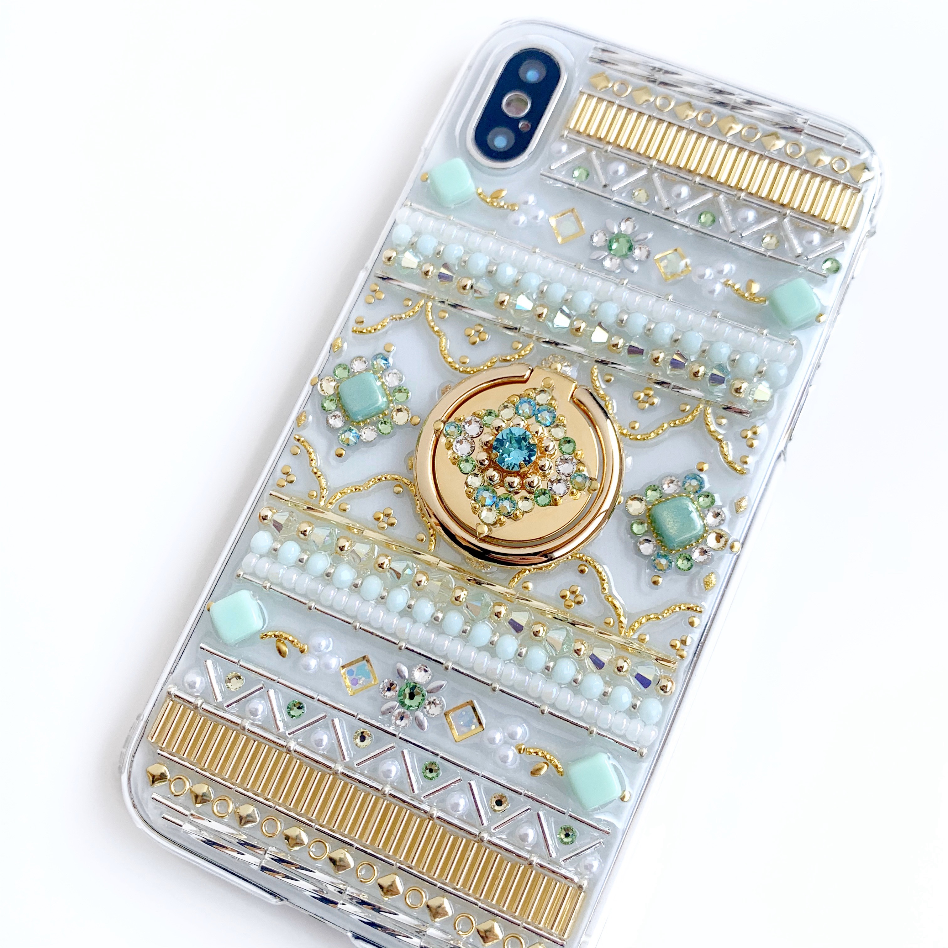 【全機種制作可】すっきり爽やかミントグリーン/8月誕生石ペリドット/スマホリング付きケース