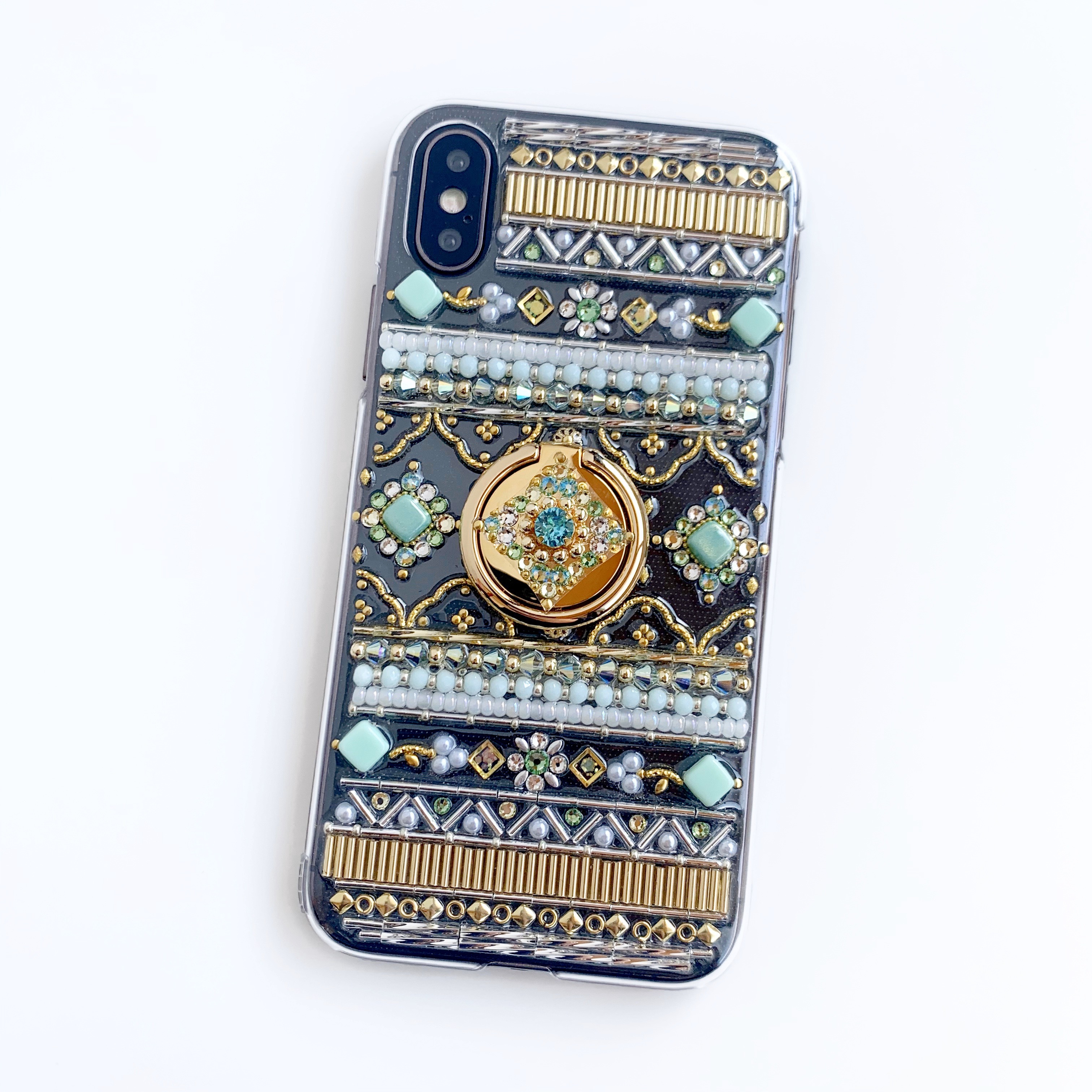 【全機種制作可】すっきり爽やかミントグリーン/8月誕生石ペリドット/スマホリング付きケース