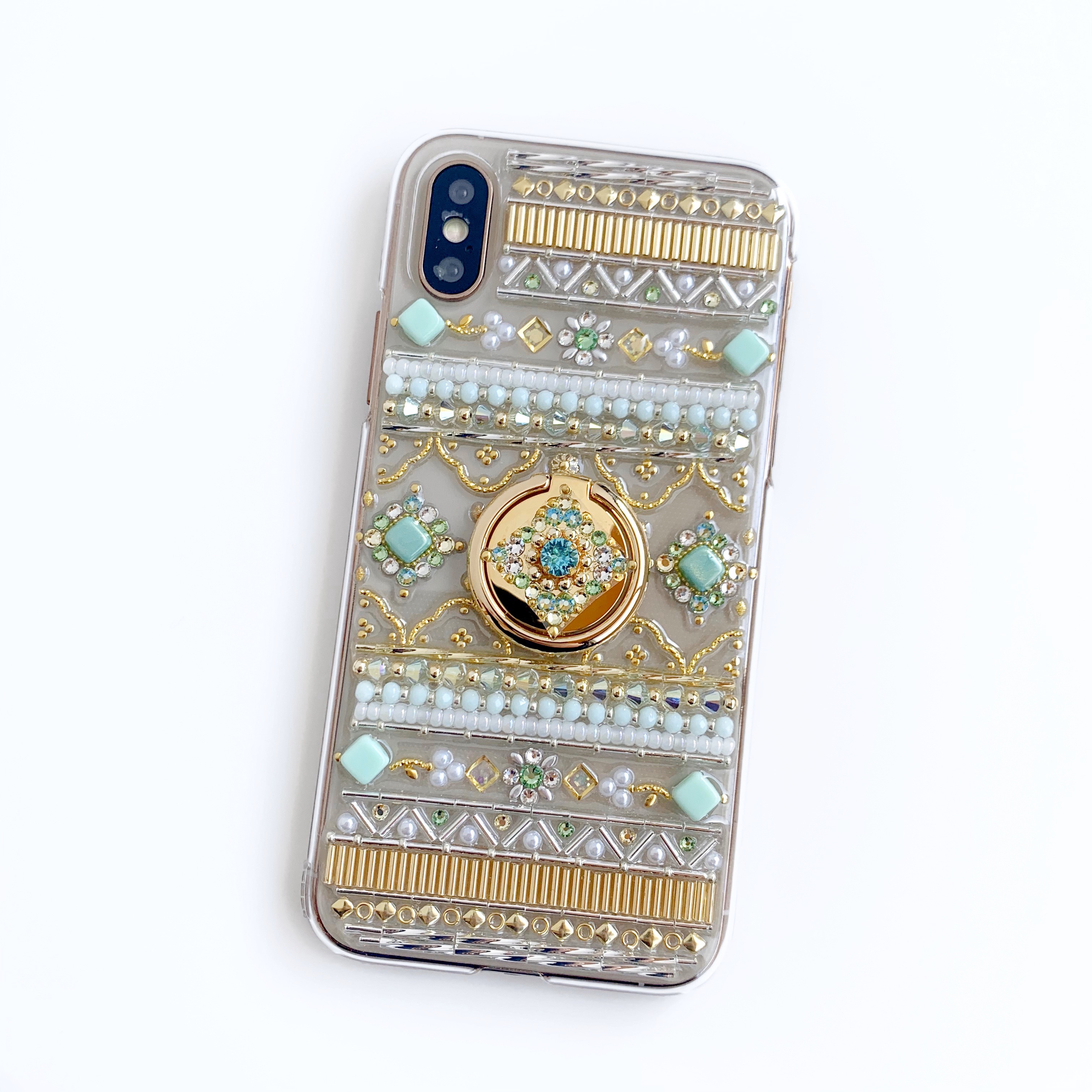 【全機種制作可】すっきり爽やかミントグリーン/8月誕生石ペリドット/スマホリング付きケース