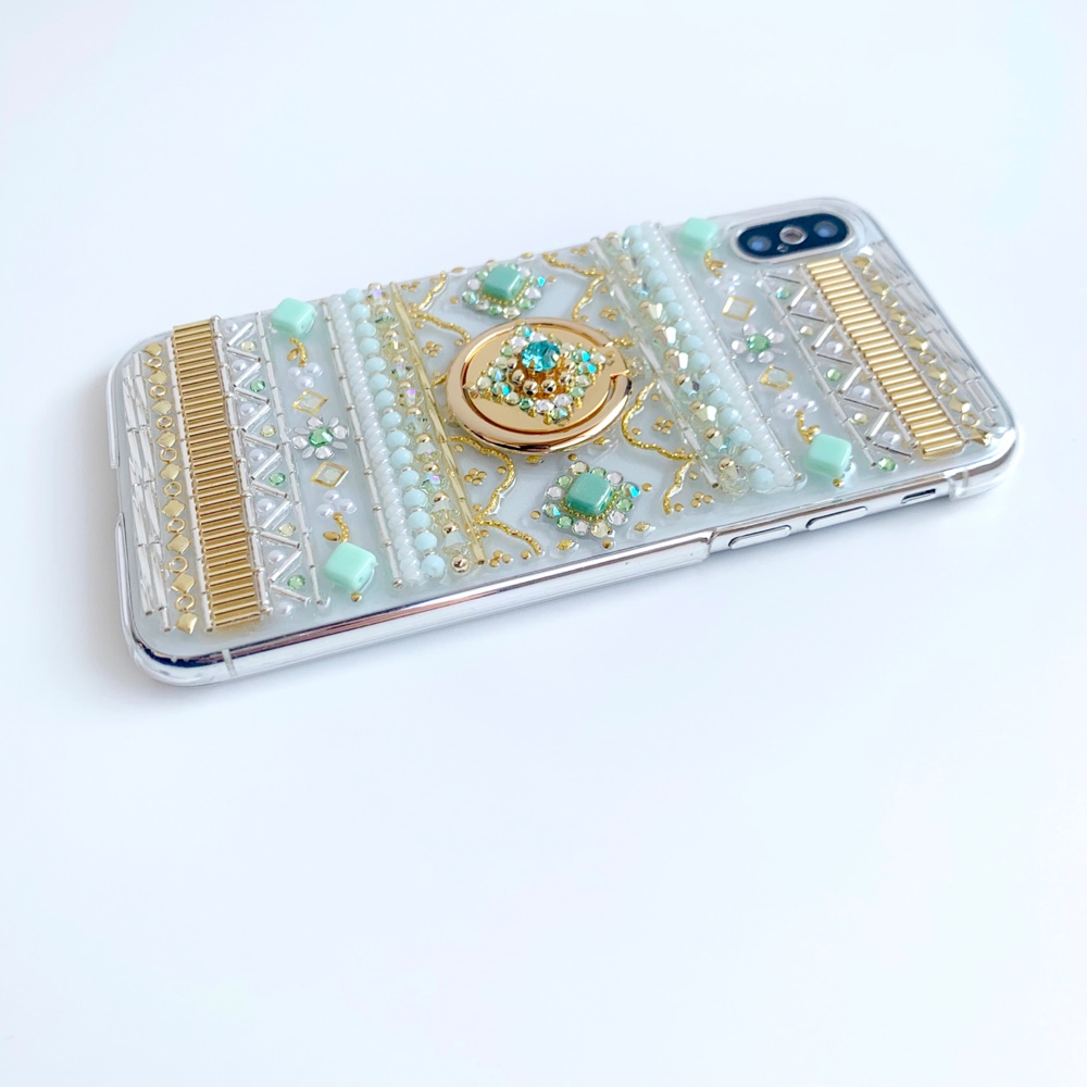 【全機種制作可】すっきり爽やかミントグリーン/8月誕生石ペリドット/スマホリング付きケース