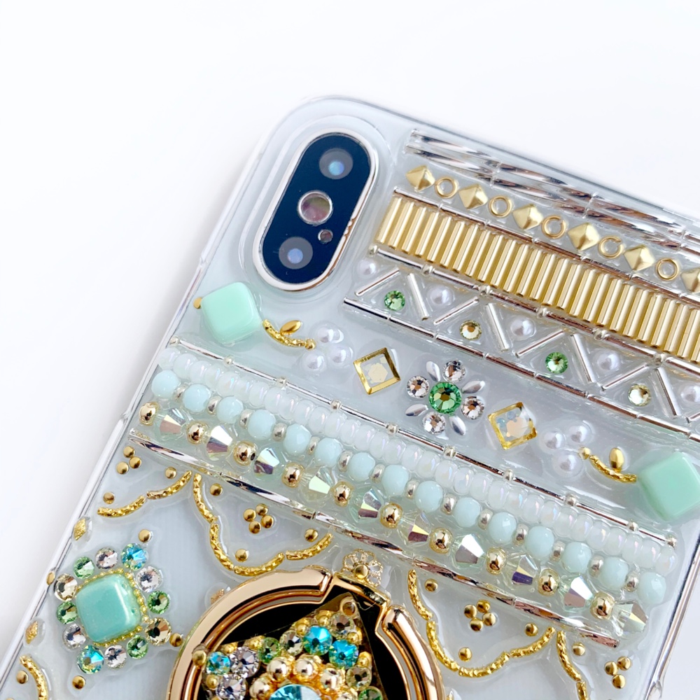 【全機種制作可】すっきり爽やかミントグリーン/8月誕生石ペリドット/スマホリング付きケース