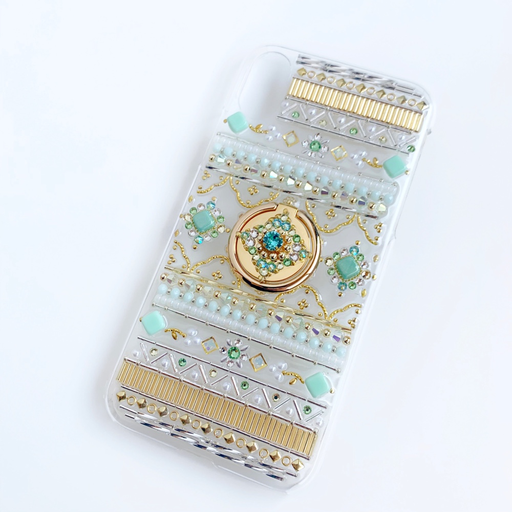 【全機種制作可】すっきり爽やかミントグリーン/8月誕生石ペリドット/スマホリング付きケース