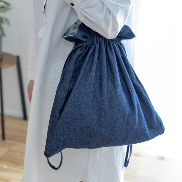 自然素材 母の日 巾着トートバッグ 「ブルー×デニム」コットン100%  布バッグ デニムバッグ 6枚目の画像