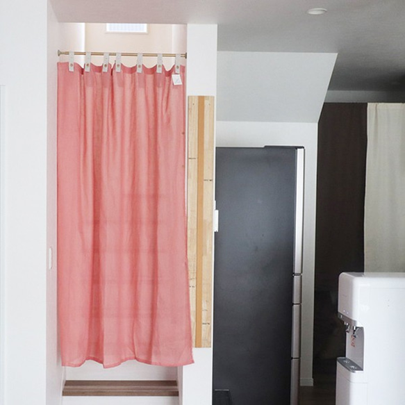 自然素材 麻 リネン100％ 間仕切りカーテン「エブリコーラル 」ピンク系 目隠し のれん ナチュラル　シンプル 2枚目の画像