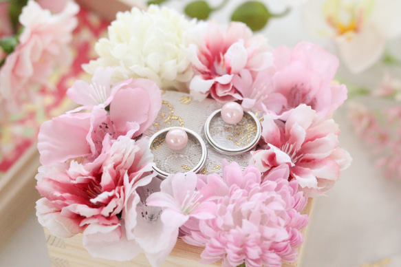 【SALE】結婚祝い ブライダル プレ花嫁 はんなり春爛漫 ピンクの和風リングピロー 2枚目の画像