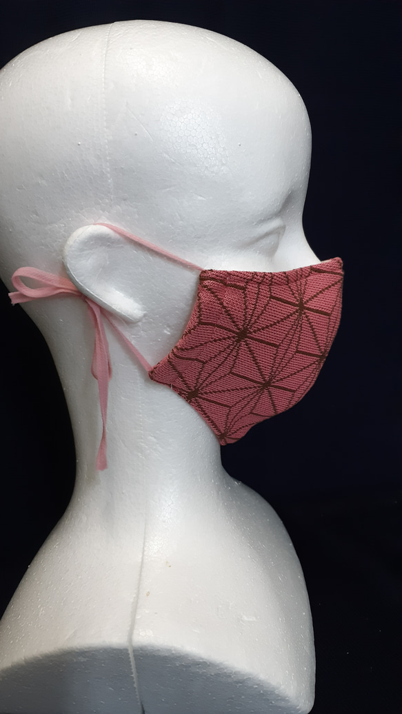 【話題の最新作】縫製屋の手作り立体マスク　ニット　ピンク話題の麻の葉柄　※枚数限定 2枚目の画像