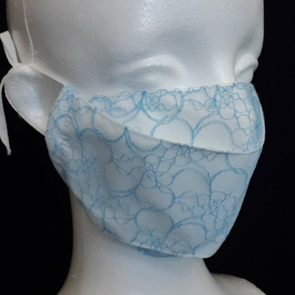 【夏マスク】【限定】話題の形状！縫製屋の手作り立体布マスク！　レース調薄ブルー 1枚目の画像