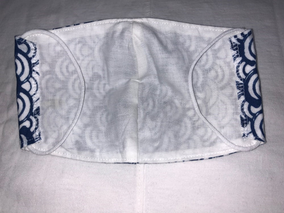ハンドメイド　エチケットマスク　インナー・オーバーマスク　咳エチケット　立体２層　平織綿布　和柄　うろこ波　青白★ 4枚目の画像