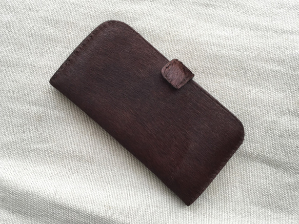 iPhone6　牛毛皮×牛革(サドルレザー)　総手縫い手帳型ケース 3枚目の画像