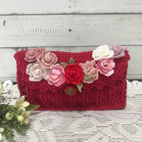 ミニ薔薇のポーチ☆レース編み バラ ローズ ポーチ Pearl rose