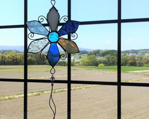 ステンドグラス・サンキャッチャー・オーナメント・フラワー＆ブルー