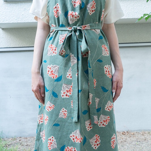 シックなグリーンの花柄エプロン-京都の縫製師手作り エプロン