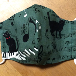 送料無料　即日発送　布マスク　ハンドメイド マスク かわいい 猫 音符 音楽 ピアノ グリーン系 (裏地 白色)A 6枚目の画像