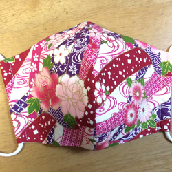 送料無料　立体 布マスク　ハンドメイド マスク かわいい 花柄 和柄  和風 和模様  桜 牡丹 赤系(裏地白) 8枚目の画像