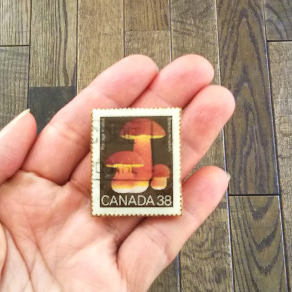 ＊カナダ＊キノコ「オオキノボリイグチ」の切手ブローチ 2枚目の画像