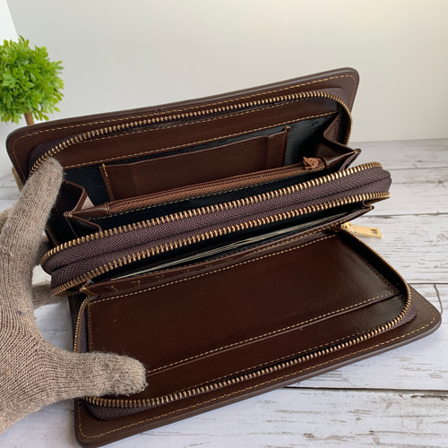 本革 ダブルファスナー メンズポーチ 大容量 長財布 ミニクラッチ