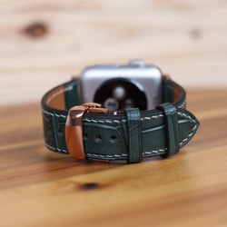ワニ革使用Apple Watch(38/40/42/44mm用)ワニレザーバンド 時計ベルト　グリーン 総手縫い製作 4枚目の画像