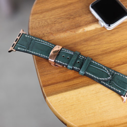 ワニ革使用Apple Watch(38/40/42/44mm用)ワニレザーバンド 時計ベルト　グリーン 総手縫い製作 6枚目の画像