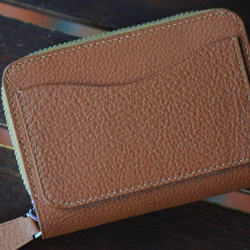 全て手縫い 韓国産本牛革 コンパクト財布-ラウンドファスナー ブラウン 2枚目の画像