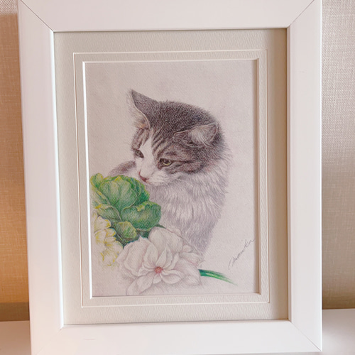 キジ白の仔猫と花』複製画 エディションサイン入り 絵画