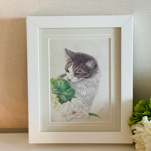 白い猫の絵 額縁入り 藤田嗣治 (Tsuguharu Fujita)「白い猫」ART GALLERY M