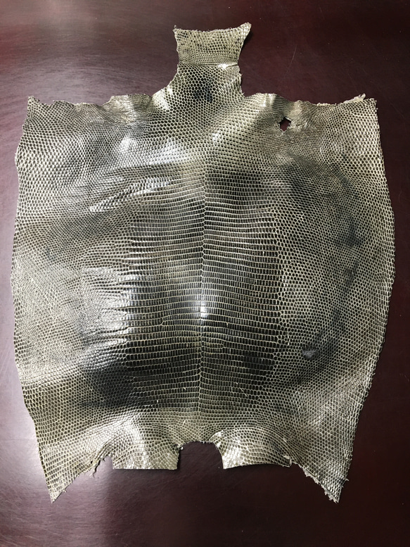 トカゲ革　リザード　エキゾチックレザー　ダークグリーンムラ染 1枚目の画像