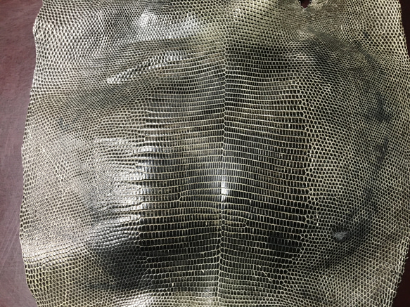 トカゲ革　リザード　エキゾチックレザー　ダークグリーンムラ染 3枚目の画像