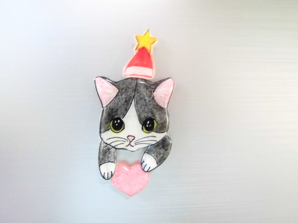 クリスマス猫マグネット（白黒ハチワレ猫3点セット） 1枚目の画像