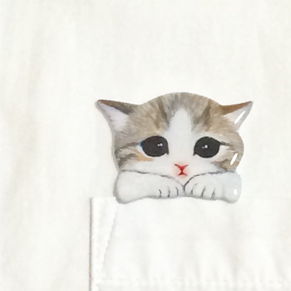 ポケットからのぞくハチワレ猫のブローチ(キジトラ白） 2枚目の画像