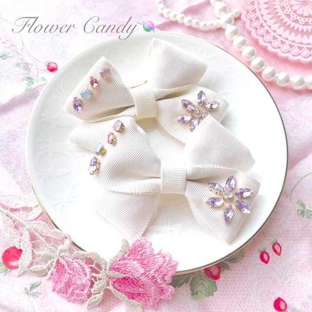 Flower Candy barrette 【ヘアーバレッタ】　ビジューのお花が輝くおリボンです♡