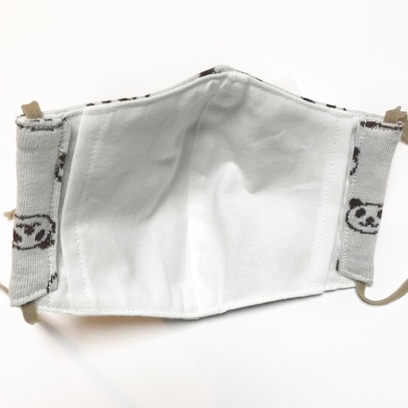 立体マスク-125内側ポケット付(表：綿100%ジャガードニット　白茶パンダ・内：綿100％白ダブルガーゼ） 4枚目の画像