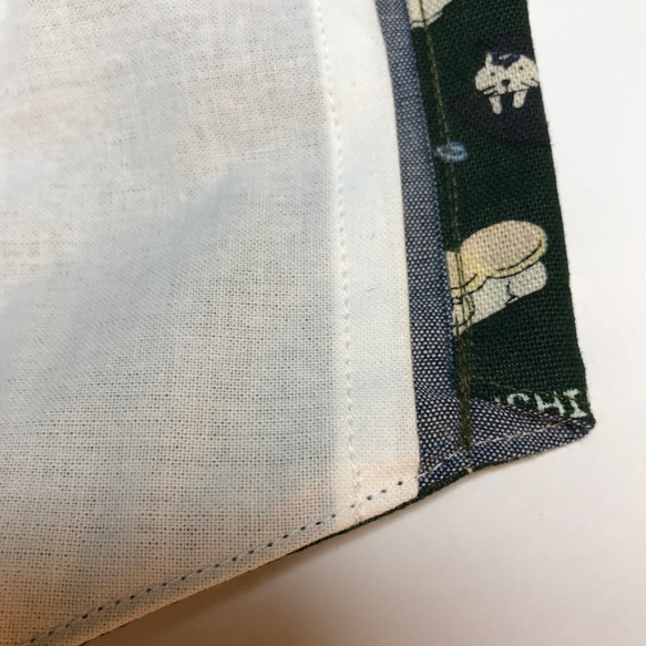 立体マスク-126内側ポケット付(表：お寿司猫　深緑色・内 : 紺色ダンガリー） 4枚目の画像