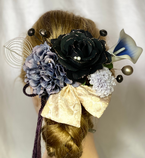 髪飾り 和装 洋装 W16 黒薔薇 パープルグレー コサージュ 結婚式 成人