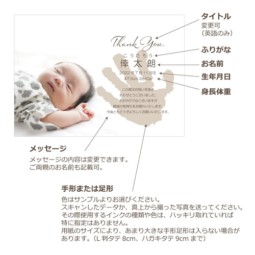 出産報告 内祝い手形メッセージカード 《ハガキサイズ》5枚