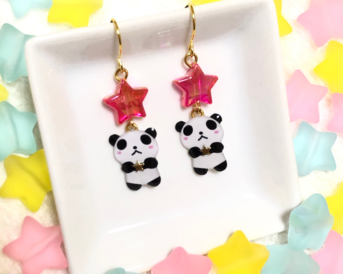 パンダとお星さまのピアス・イヤリング(ピンク) ピアス（フック 