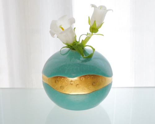 一輪挿し 亀甲貫入釉 金彩三島 ブルー 花器 一輪挿し・花瓶・花器 陶仙