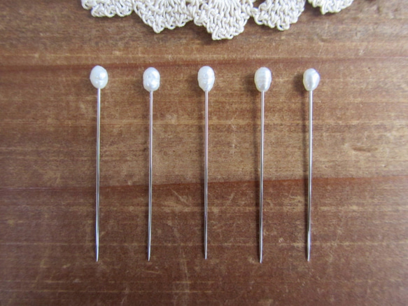 天然バロック淡水パールのまち針 小 5本セット 1枚目の画像