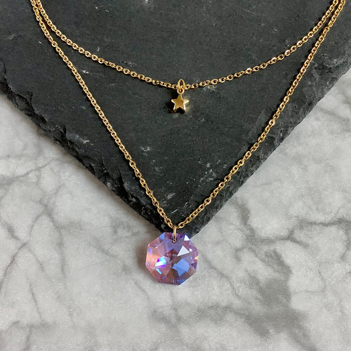金属アレルギー対応☆スワロフスキーと星の重ね付けネックレス 